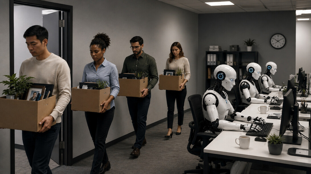 Employees carrying their possessions out of the office after losing their jobs, symbolising the fear of automation reshaping livelihoods