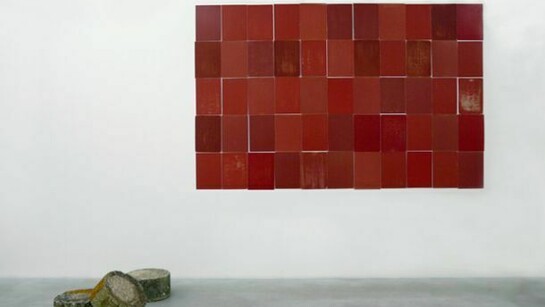 Francesco Carone, Vestigia, 2013 concrete, lichens cm 19 x 38 Ø each e Totem (Iconostasi), 2012 cardboard cm 178 x 275