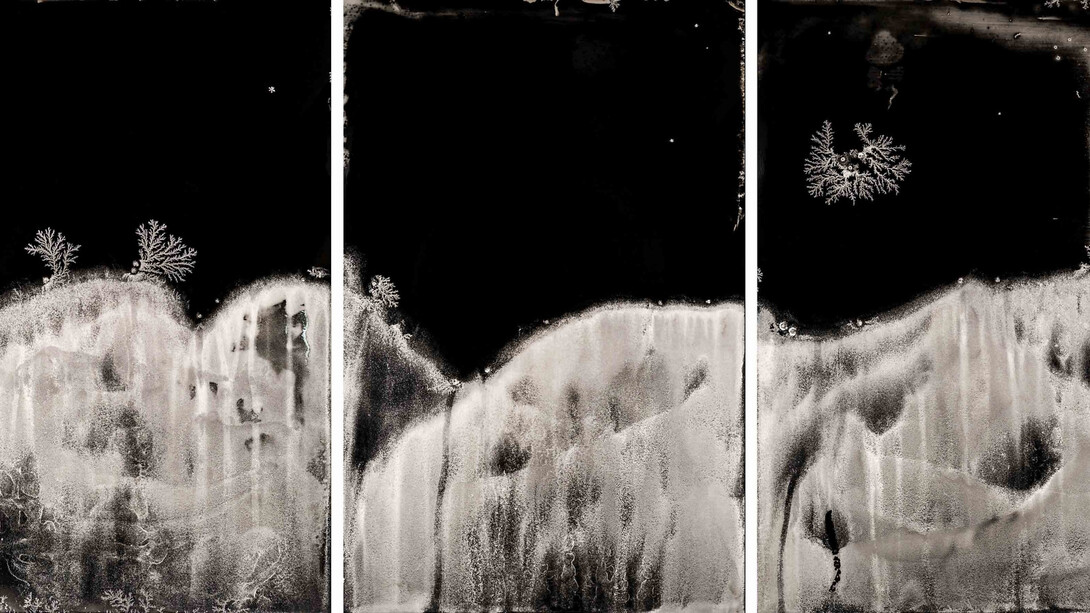 Michael Koerner,  Hibakusha Landscape #0416L, #0408C, #0412R, 2021. Collodion on tin, 12 by 8 inches each. Courtesy of Lisa Sette Gallery