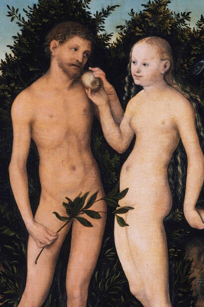 Adán y Eva en el paraíso (La Caída), Lucas Cranach el Viejo, 1533. La obra captura el núcleo de la humanización analizado en el texto: la irrupción de una ley simbólica que ordena el caos y organiza el mundo