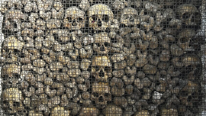Embedded skull and bones details, Ossuary Chapel, Church of San Bernardino alle Ossa, Milan, Italy