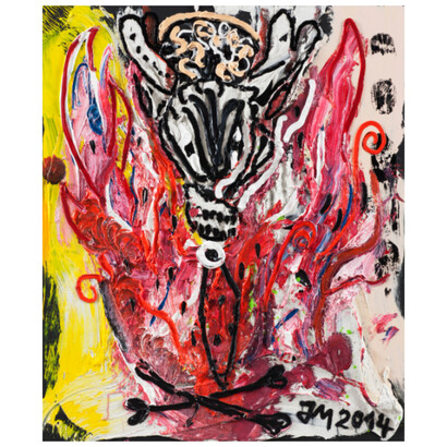Jonathan Meese, "Schnapp' Den Trapperz, Der Dich Anteufelt", 2014, huile, acrylique, pâte à modeler acrylique sur toile, 120.8x100.5x3.3 cm, photo: Jan Bauer. © Courtesy the artist and Templon, Paris —Brussels — New York