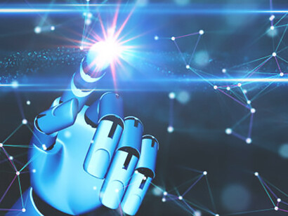 A robotic finger makes a precise gesture, symbolizing artificial intelligence in action