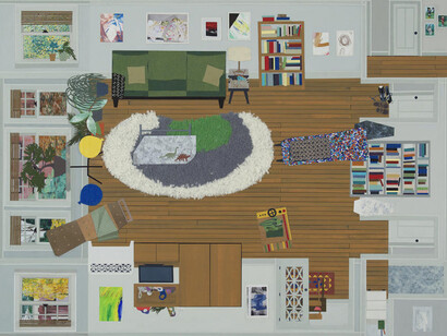 Ann Toebbe, Second Marriage, Madison Park, 2015, gouache, flocking, yarn and cut paper on panel, 30 by 40 inches