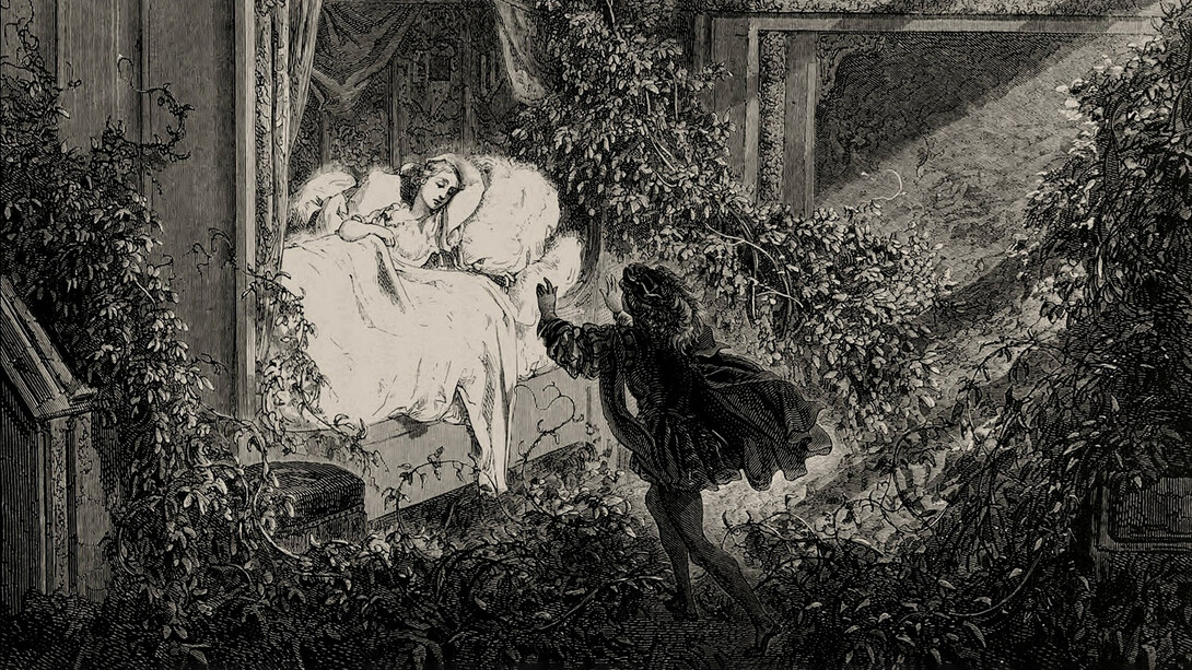 Ilustración del cuento de Charles Perrault titulado "La bella durmiente del bosque", incluido en la obra "Los cuentos de Mamá Ganzo" (1697). Esta ilustración de Gustave Doré apareció en la edición de 1867 titulada Los cuentos de Perrault