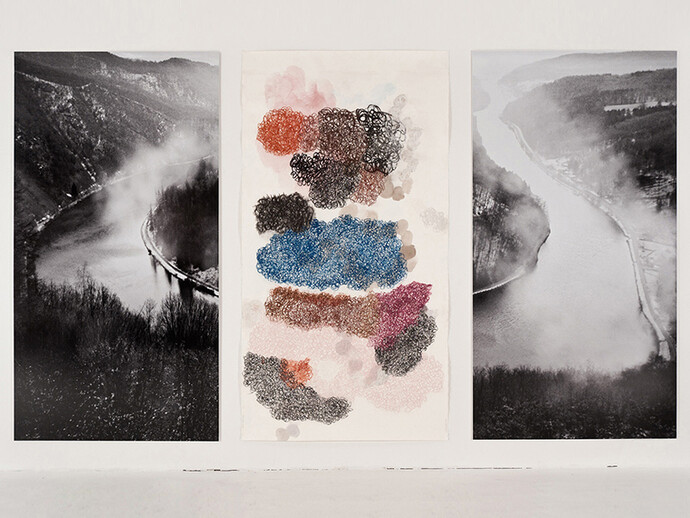 Denise Green, The Saar (and Subjectivity), Section 2, 2014, one work on paper, one photograph, 84 x 145 inches