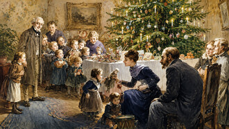Victorian-era Christmas in Germany, depicting an act of charity as presents are given to peasant children inside a castle, vintage illustration, 1880s, 19th century