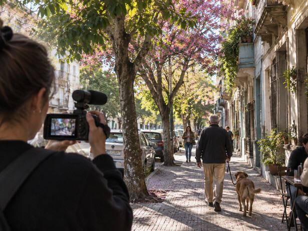 A woman capturing an ordinary city scene on camera, reflecting Tiranos Temblad’s fascination with the unexpected moments hiding in plain sight