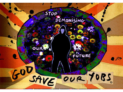 Jamie Reid, Stop Demonising Our Future, 2009, colour photoprint and collage with ink on paper, mm 297 x 210, Jamie Reid copyright Sex Pistols Residuals  
