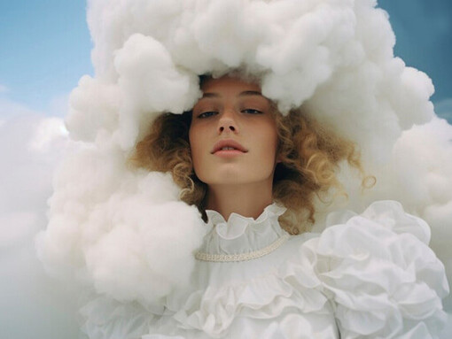 A mystical scene featuring a woman enveloped by soft clouds high above, symbolizing the fusion of dreams and artificial intelligence