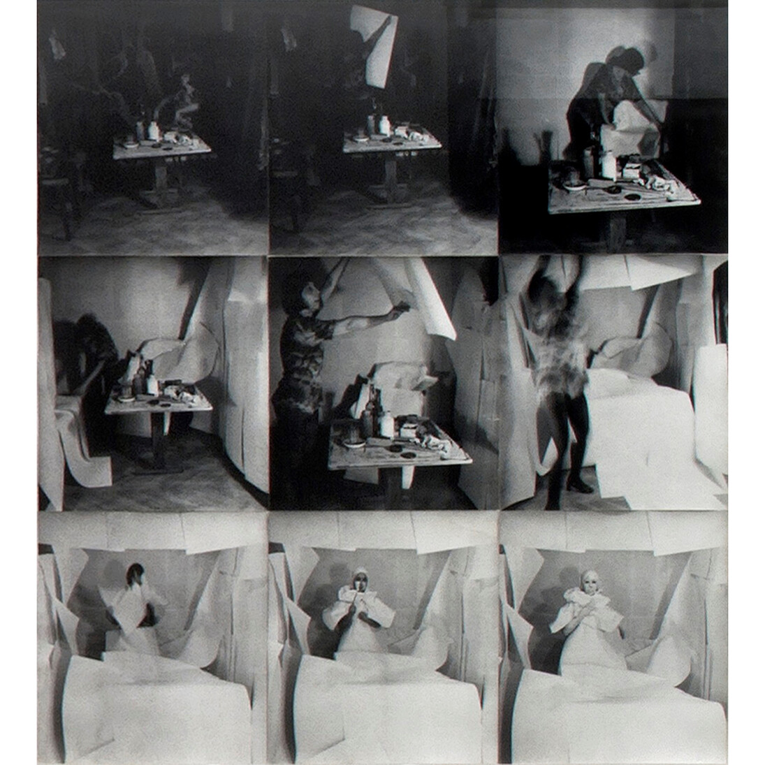 Geta Brătescu, born 1926, Towards White 1975, Action, 9 photographs, 945 x 945 mm © Ivan Gallery, Bucharest and Galerie Barbara Weiss, Berlin. Photo: Stefan Sava
