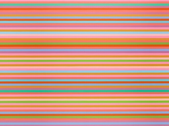 Bridget Riley Arioso (Blue), 2013, Oil on linen, 59 1/8 x 101 1/4 inches (150 x 257.2 cm) © Bridget Riley 2014. All rights reserved. Courtesy David Zwirner, London