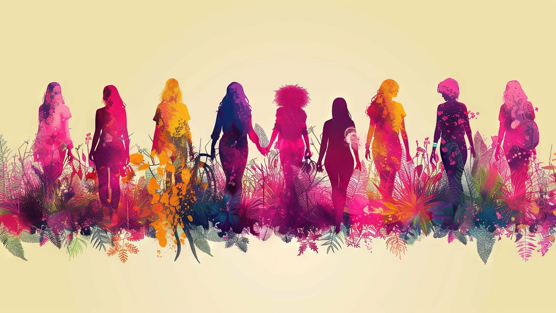 Diverse women in vibrant, flowing silhouettes emerging from nature, symbolizing the potential for compassionate and nurturing leadership rooted in the feminine principle