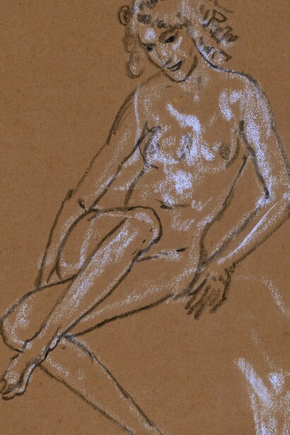 "Desnudo femenino sentado y un pie", tiza sobre papel, Arthur B. Davies, circa 1920