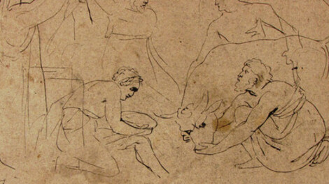 Peter Paul Rubens (Siegen 1577 – 1640 Antwerpen), Antike Opferszene (Das Ochsenopfer des Pausias), um 1618, Feder in Dunkelbraun, alte Montierung auf blauem Karton, Dauerleihgabe