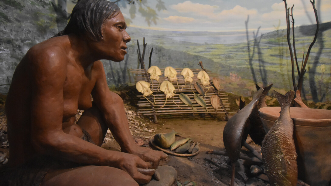 Life in the Jōmon period as recreated at the Municipal Museum of Archaeology in Ichikawa: a prehistoric woman sits before a fire where fish are being grilled on skewers, and, behind her, a heap of discarded clamshells (shell midden) and a wooden rack on which whole squids are being dried