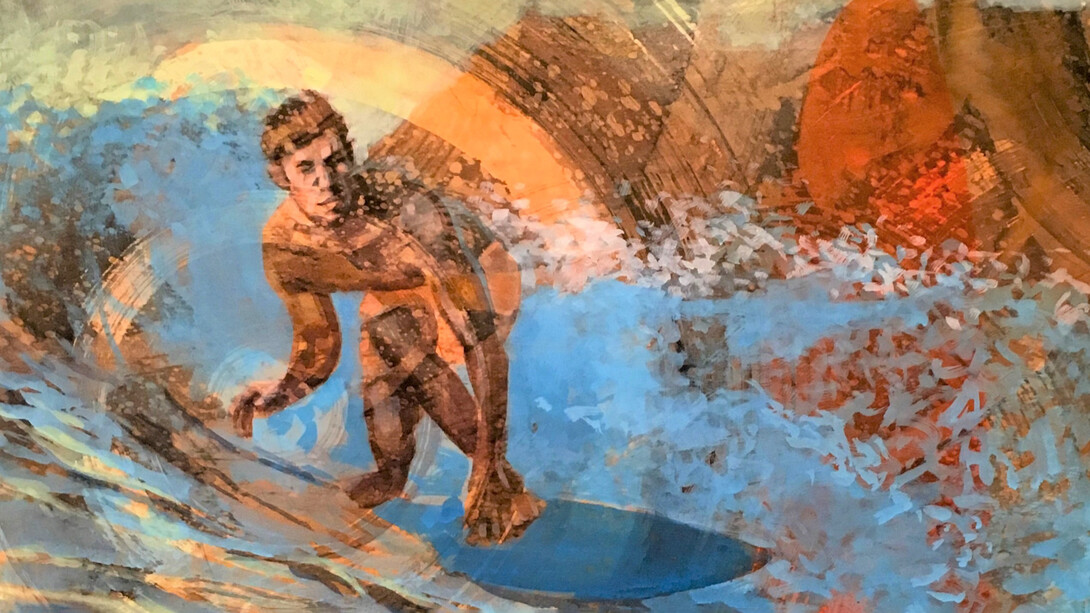 Carol Bennett, Malibu Dawn Patrol, mixed media on wood panel, 22.5 x 30 framed to 28 x 35 (detail). Courtesy of Elisa contemporary art



 