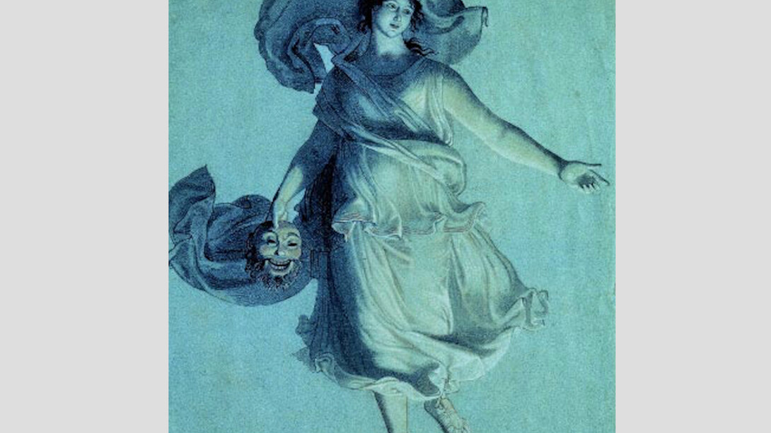 Wilhelm von Schadow (Berlin 1788-1862 Düsseldorf), Die Muse der Schauspielkunst (The Muse of Dramatic Art), after 1802; rose, yellow and white chalks, with traces of sanguine, on blue paper, 63.5 x 49.5 cm. State Academy Collection / Sammlung der Kunstakademie (NRW)