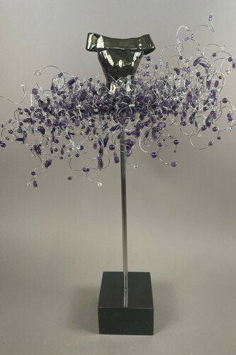 Estella Fransbergen, EF 22302, Clay - high fired, with collar shoulders amethyest and fluorite, base- black marble with stainless steel pole, 25x15x15 in