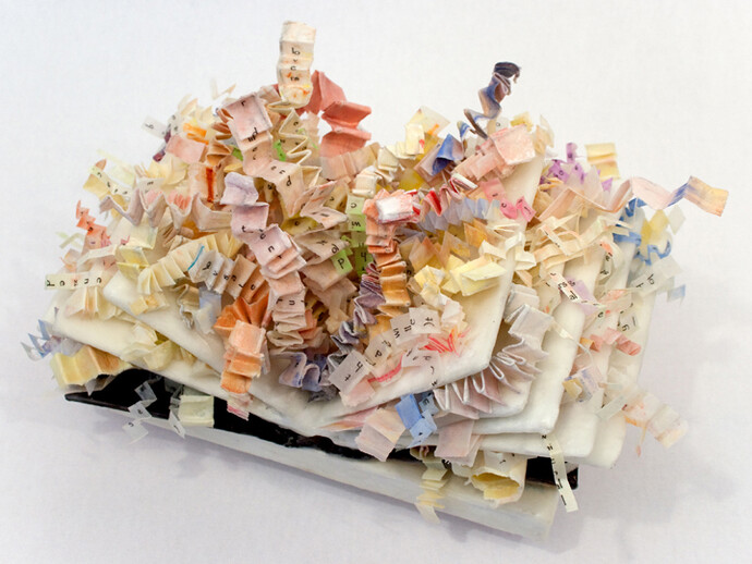 Deborah Winiarski, Lines Written II, 2012, encaustic, kozo paper, plaster, wood, book cover, 6” x 11” x 7”