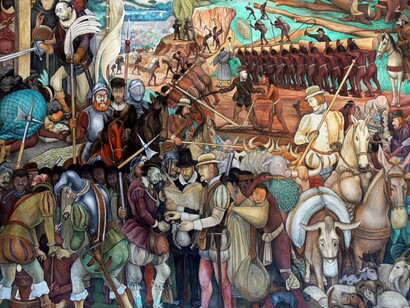 En este mural nuevamente ubicado en el Palacio Nacional, Diego Rivera ofrece una visión crítica de la colonización española