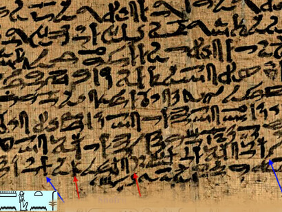 Del papiro al PDF, de Homero a WhatsApp, la escritura es memoria colectiva e imaginación compartida. Papiro Prisse, segunda columna, recorte de la escritura hierática de Kagemni con transcripción jeroglífica de las líneas 