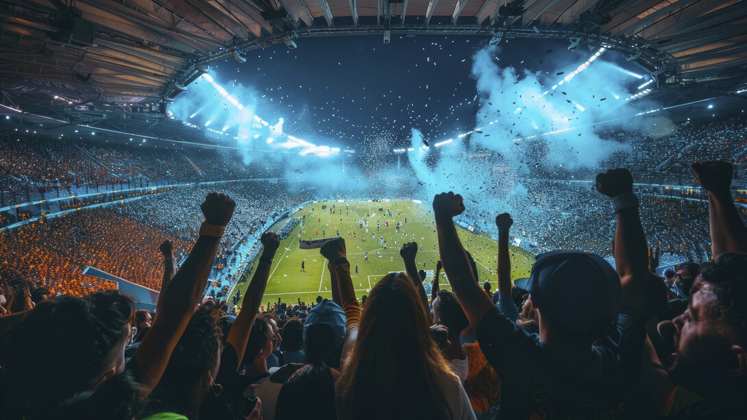 A football stadium full of people cheering and celebrating, reflecting the global passion of football 