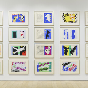 Henri Matisse, Jazz, 1947, the complete set of twenty pochoirs printed in colors on Arches paper, folded, accompanied by the original gray flocked paper and cloth-covered slipcase, with title page, text and justification, each sheet, approximately 16 3/4x25 1/2 inches. Edition of 250, aside from the unfolded edition of 100. Courtesy of Berggruen Gallery
