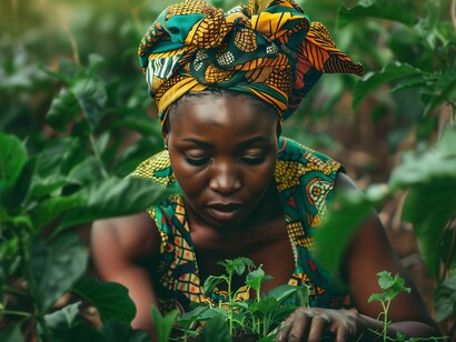 A woman carefully working the soil, symbolizing the deep connection between women and agricultural livelihoods