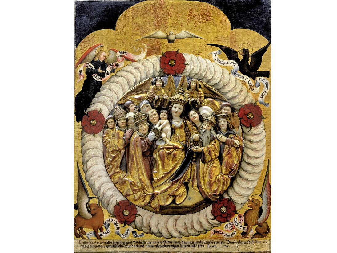 Le Couronnement de la vierge dit « la vierge du rosaire », Entourage de Daniel Mauch, vers 1510-1515, Panneau : bois peint (peuplier ?), Relief : bois polychromé, H. 67,5 ; L. 55 ; D. du relief 31,5 cm, Hambourg, Museum für Kunst und
Gewerbe, (inv. 1899.101) © Museum für Kunst und Gewerbe, Hambourg
