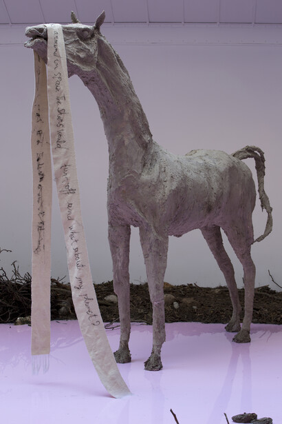 Petrit Halilaj, Yes but the sea is attached to the earth and it never floats around in space. The stars would turn off and what about my planet?, 2014, Installation. Techniques mixtes (terre, branches, feuilles mortes, pierres, savon), Dimensions variables, Vue de l'exposition « Yes but the sea is attached to the earth and it never floats around in space. The stars would turn off and what about my planet? », Kamel Mennour, Paris, 2014, © Petrit Halilaj, Photo: Fabrice Seixas, Courtesy the artist and Kamel Mennour, Paris