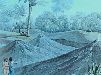 «Volcanes de aite de Turbaco», dibujado por Marchais a partir diseño de Humboldt; grabado por Bouquet