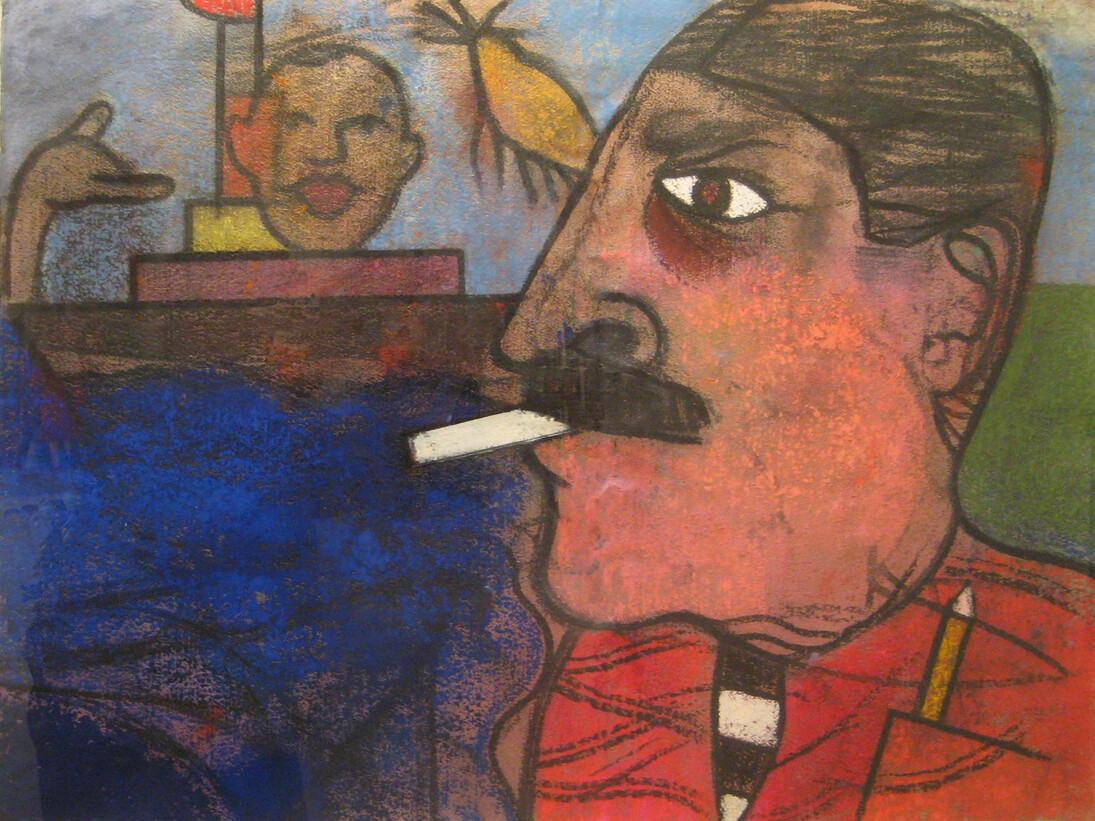 Richard Merkin, Untitled (Self Portrait with Pencil), date unknown, 31 x 38 inches, oil pastel on paper