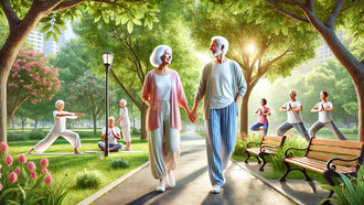 An active elderly couple strolls through a serene park, surrounded by seniors practicing yoga and tai chi, embodying healthy aging, vitality, and community well-being