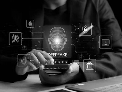 Deepfake concept with facial tracking, detection, and recognition technology, highlighting security systems, cybersecurity, and password-protected login