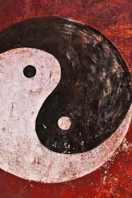 The Taoist symbol in a bloodied red background