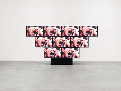 Sturtevant. Elastic Tango. 2010. Nine-channel video installation. 87 3/8 x 158 x 27 in. (221.9 x 401.3 x 68.6 cm); video: color, sound, 11 min., 2 sec. Private collection, Switzerland. Courtesy Gavin Brown’s enterprise. Photo: Thomas Mueller. © Estate Sturtevant, Paris