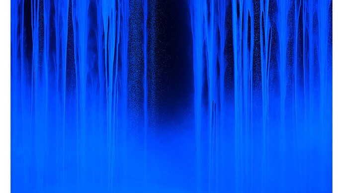 Hiroshi Senju, Waterfall (under ultraviolet light), 2014, acrylic and fluorescent pigments on Japanese mulberry paper, 71 9/16 x 89 1/2 inches © 2014 Hiroshi Senju
