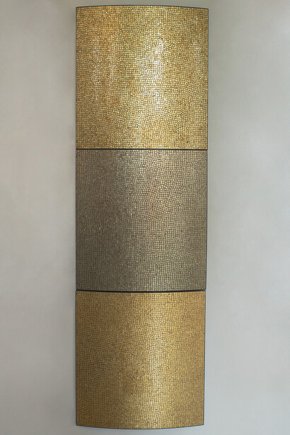 Ann Gardner, Untitled Mosaic (Gold), 2023, Glass, concrete, and steel, 90 x 28 x 2.75 inches. Courtesy of Winston Watcher Fine Art