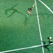 Lyndon J. Barrois, Sr., Brazil 2–0 Germany, 2002, Brazil’s Ronaldo slips past
Germany’s Oliver Kahn to score, detail of Fútballet, 2018. Courtesy of Los Angeles County Museum of Art