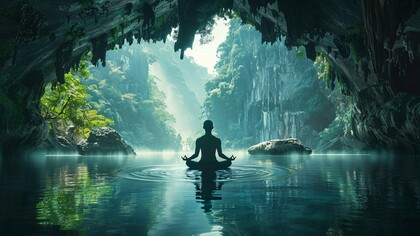A person seated in meditation as gentle ripples spread across calm waters, symbolising the restorative power of silence and self-reflection