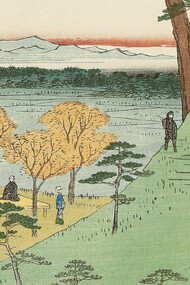 Utagawa Hiroshige, Le Mont Fuji originel Meguro, Meguro Moto-Fuji, avril 1857, détail. Gravure sur bois en couleurs, 36 x 24 cm. Brooklyn Museum, New York