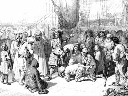 Abraham Duquesne libertando prisioneiros cristãos em Argel após o bombardeio de 1683. No contexto do Mediterrâneo entre os séculos VIII e XVIII, a escravidão de cristãos por senhores muçulmanos não era meramente uma prática econômica — embora o lucro com o comércio humano fosse imenso. Era também um componente estratégico de dominação cultural e religiosa

