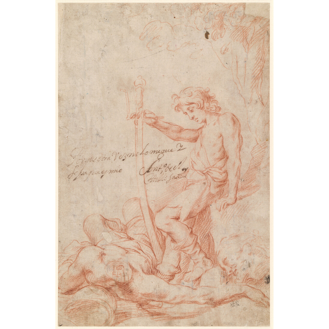 David and Goliath, Antonio del Castillo y Saavedra, Red crayon on brownish gray paper; the top left and right corners torn, 293 x 192 mm, 1646 – 1655, Hamburg, Hamburger Kunsthalle, Kupferstichkabinett © Hamburger Kunsthalle / bpk, Foto: Christoph Irrgang