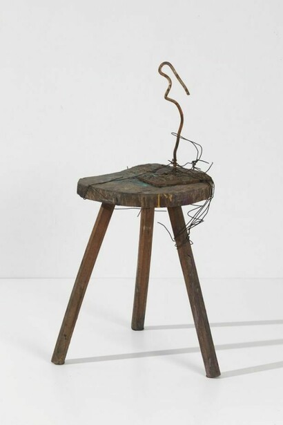 Jean Tinguely, Saint Phalle, 1961, wood stool, metal and pigments, 28 ½ x 14 x 16 ½ inches (26 x 36 x 42 cm). Jean Tinguely © 2013 Artist Rights Society (ARS), New York/ ADAGP, Paris