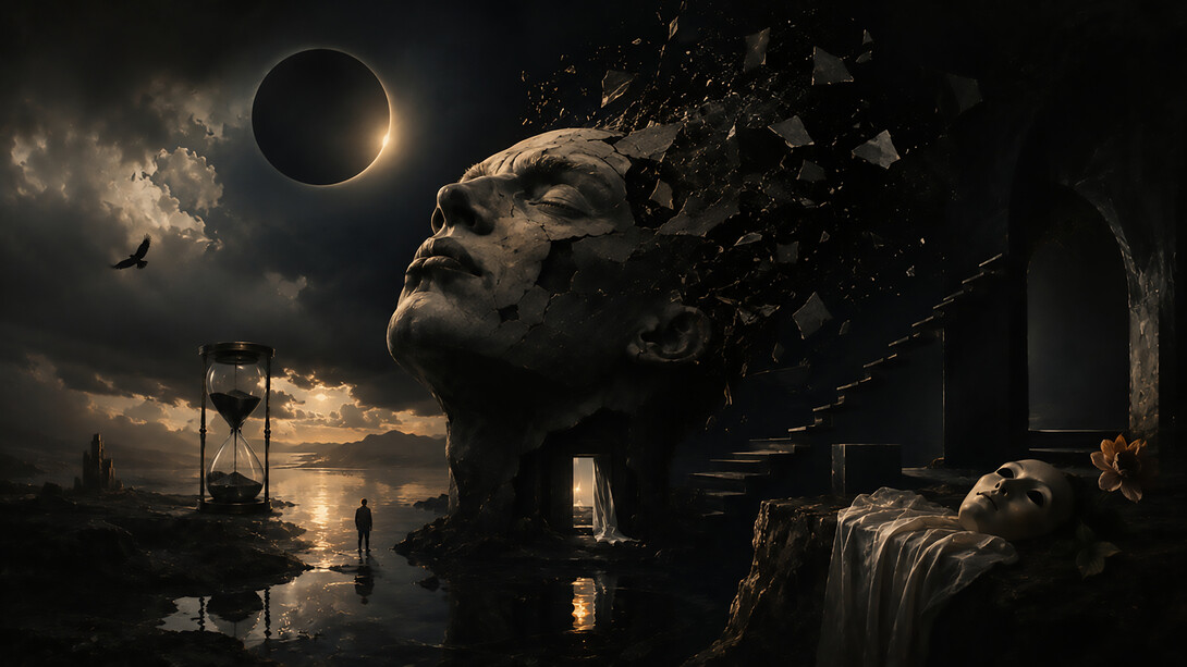 A surreal landscape reflecting themes of time, fragmentation, memory, and emotional transformation inspired by contemporary existential poetry