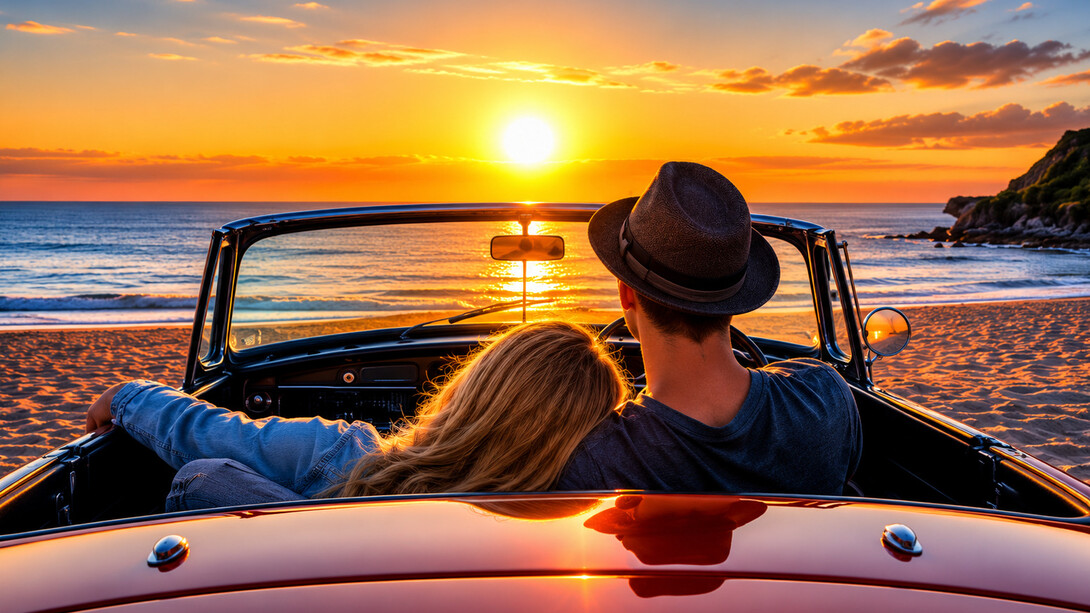 A couple relaxing in a convertible as the sun sets on the horizon, capturing a sense of freedom and togetherness