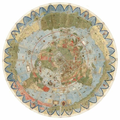 Planisferio de Monte Urbano (1587), un monumental mapa mundial circular dibujado en Milán, Italia, compuesto por 60 láminas que alcanzan los tres metros por lado