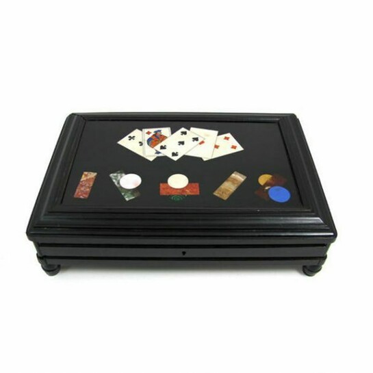 Thrie Estaits, Games Box, 1880, A superb quality, late Victorian, gaming card box, Italian in origin, a gentleman’s souvenir of the grand tour. The box is inlaid with different marbles and semi precious stones including agate, lapis