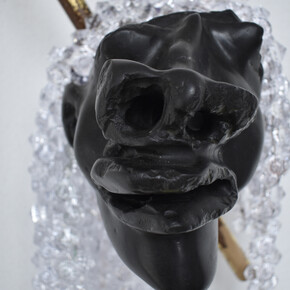 Terrence Musekiwa, Mbavha yesirivhera nendarama, 2023, springstone, wooden and leather riding stick, crystal plastic beads and aluminum, 15x10x13inches, detail, image courtesy of Catinca Tabacaru Gallery. Courtesy of the artist and Emerson Dorsch Gallery